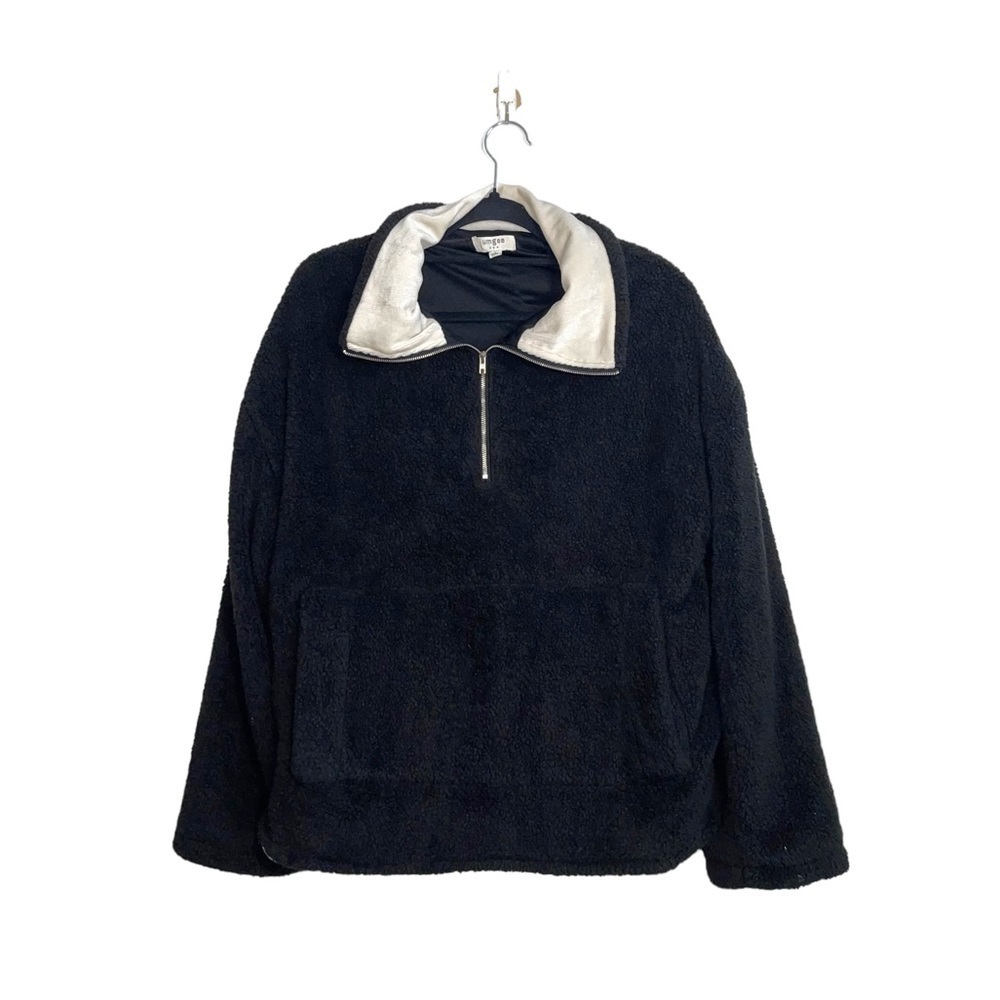 Umgee Black & Cream Corduroy Collar Pullover Oversized Sherpa Small Women’s